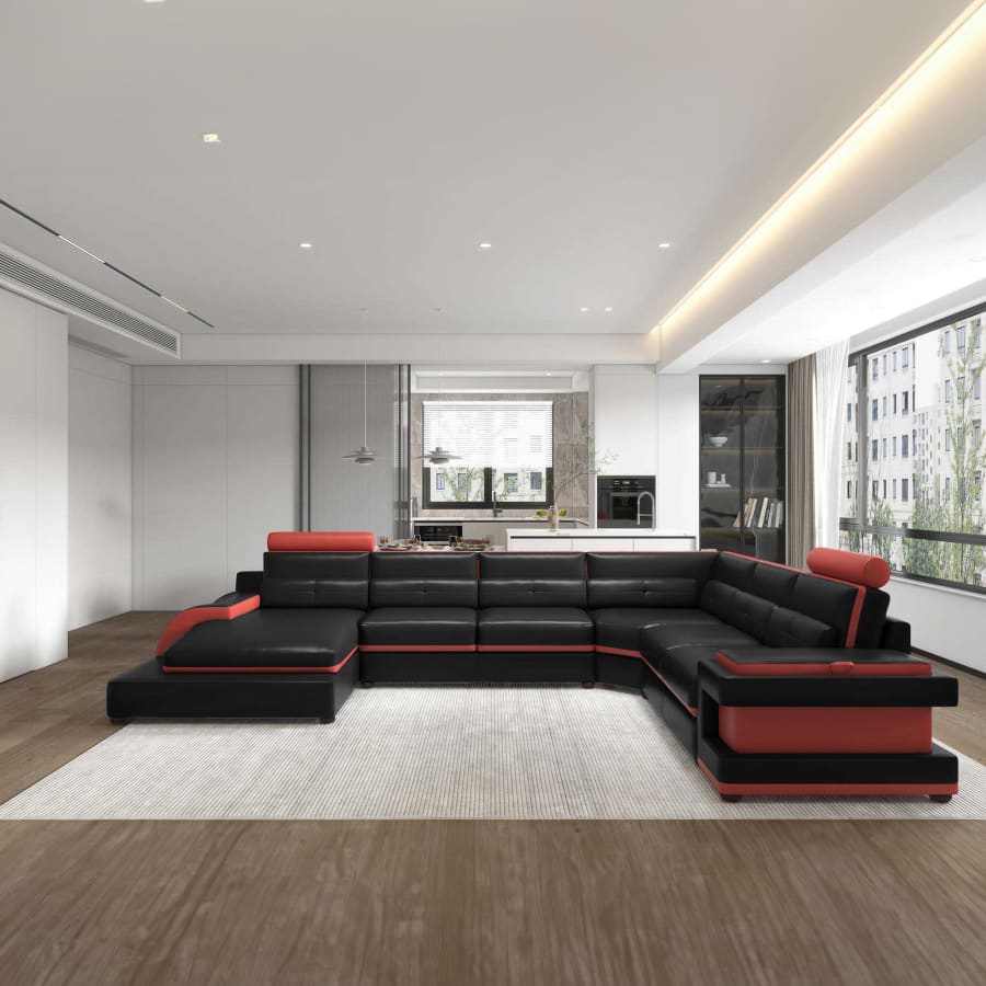 Canap&eacute; d'angle gauche panoramique design en cuir noir et rouge avec lumi&egrave;re int&eacute;gr&eacute;e